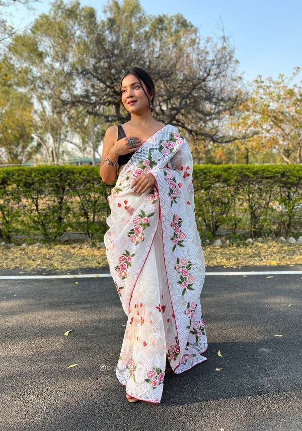 White Colour Organza Saree With Kashmiri Thread Work