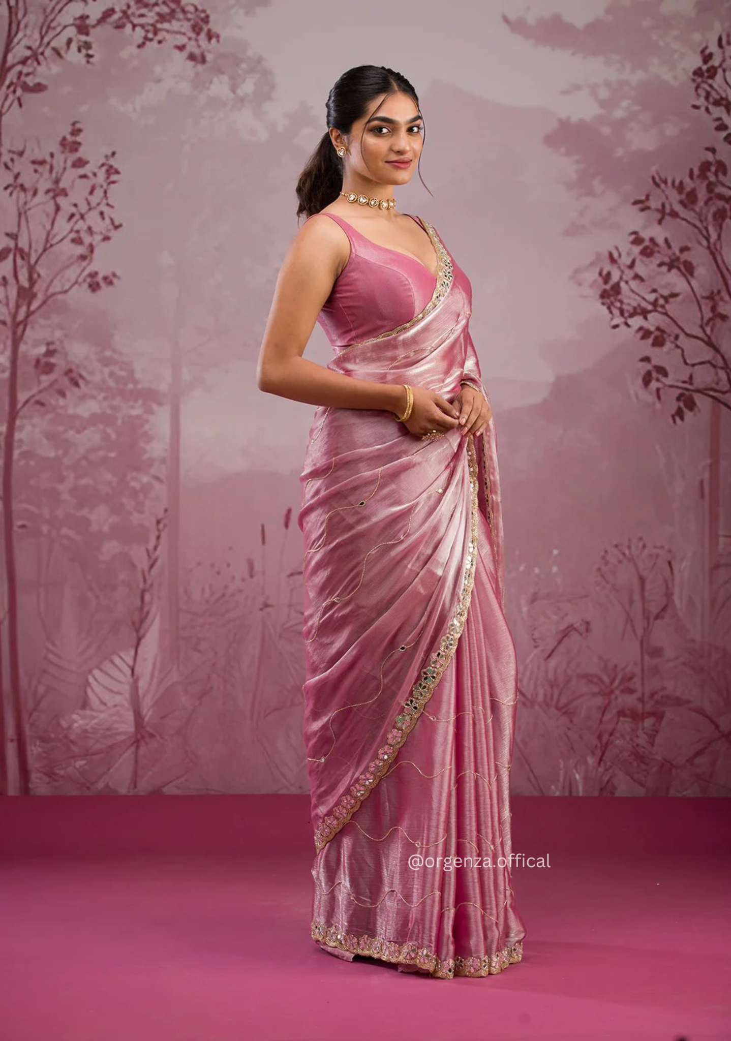 Baby Pink Colour Jimmy Choo Saree With Mirror Work - Orgenza Store