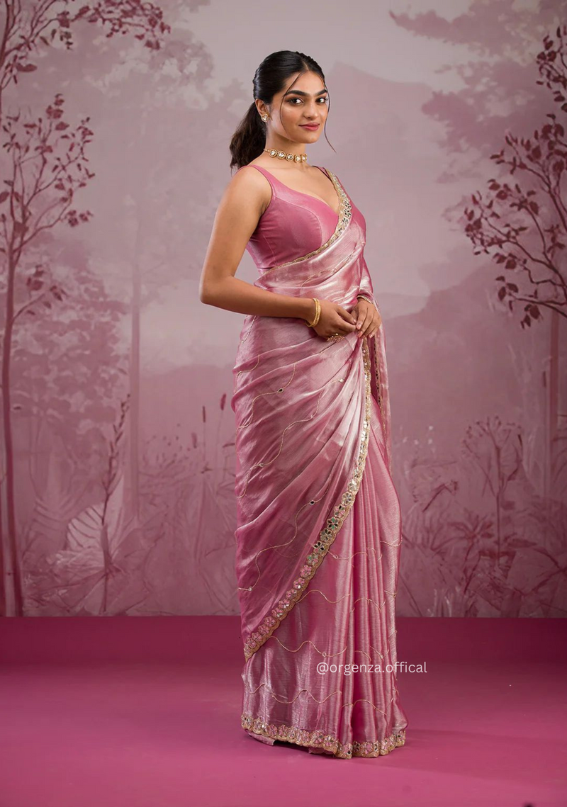 Baby Pink Colour Jimmy Choo Saree With Mirror Work