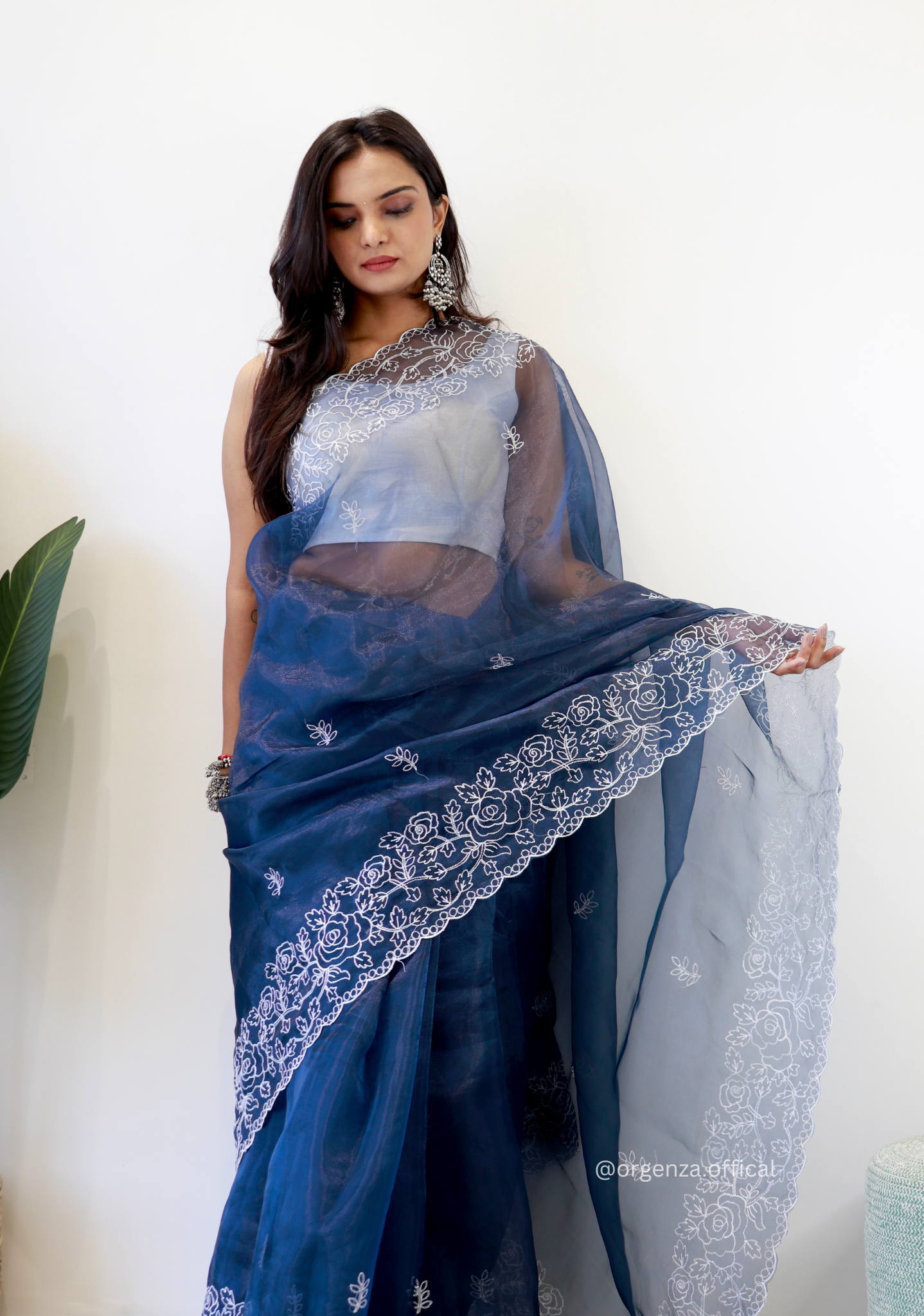 Dark Blue Colour Embroidery Thread Work Saree - Orgenza Store