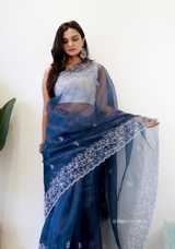 Dark Blue Colour Embroidery Thread Work Saree