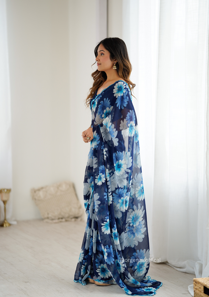Blue Colour Georgette Printed Mirror Saree