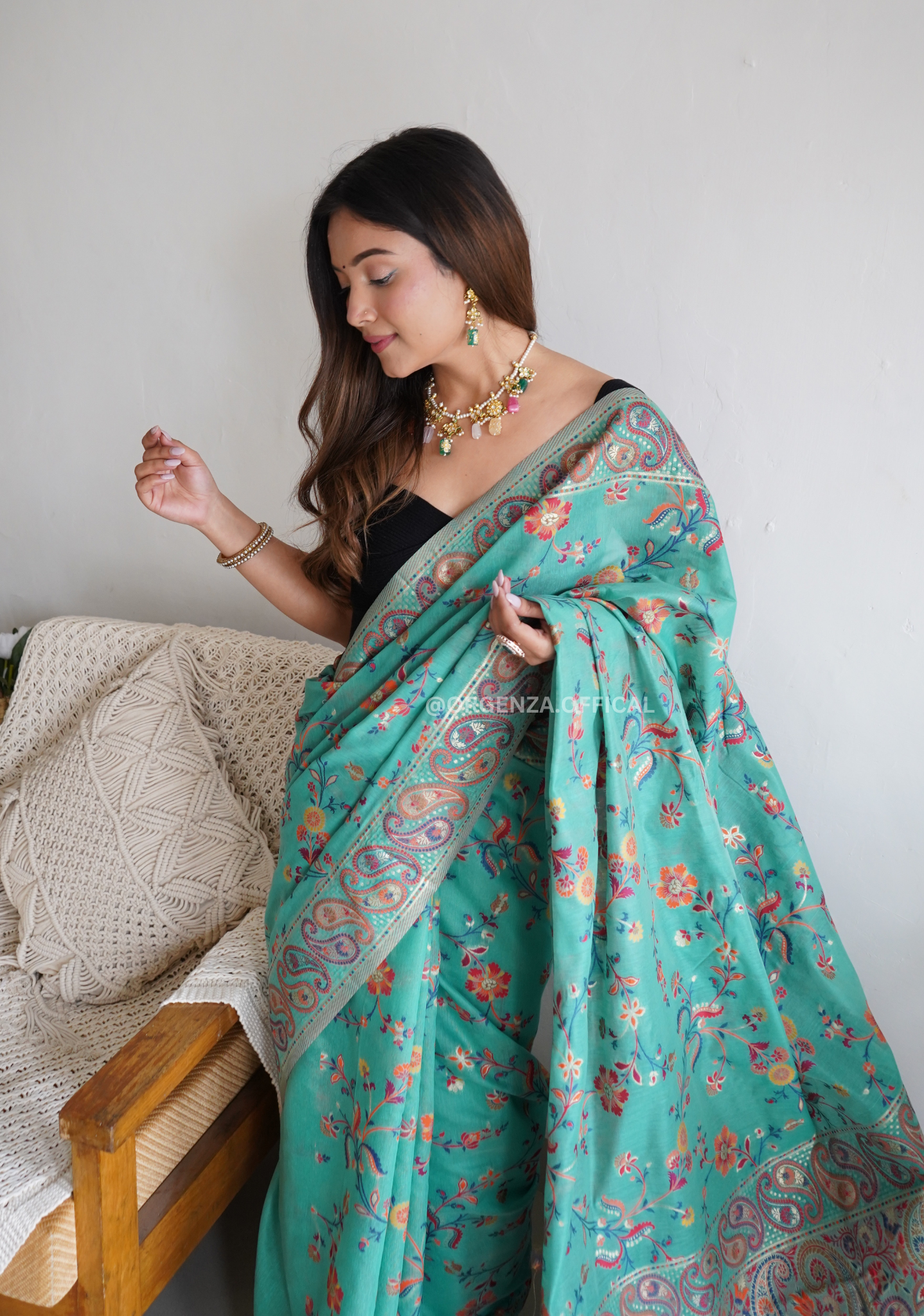 Pure Pashmina Kachi Weaving Kashmiri Silk Saree - Orgenza Store