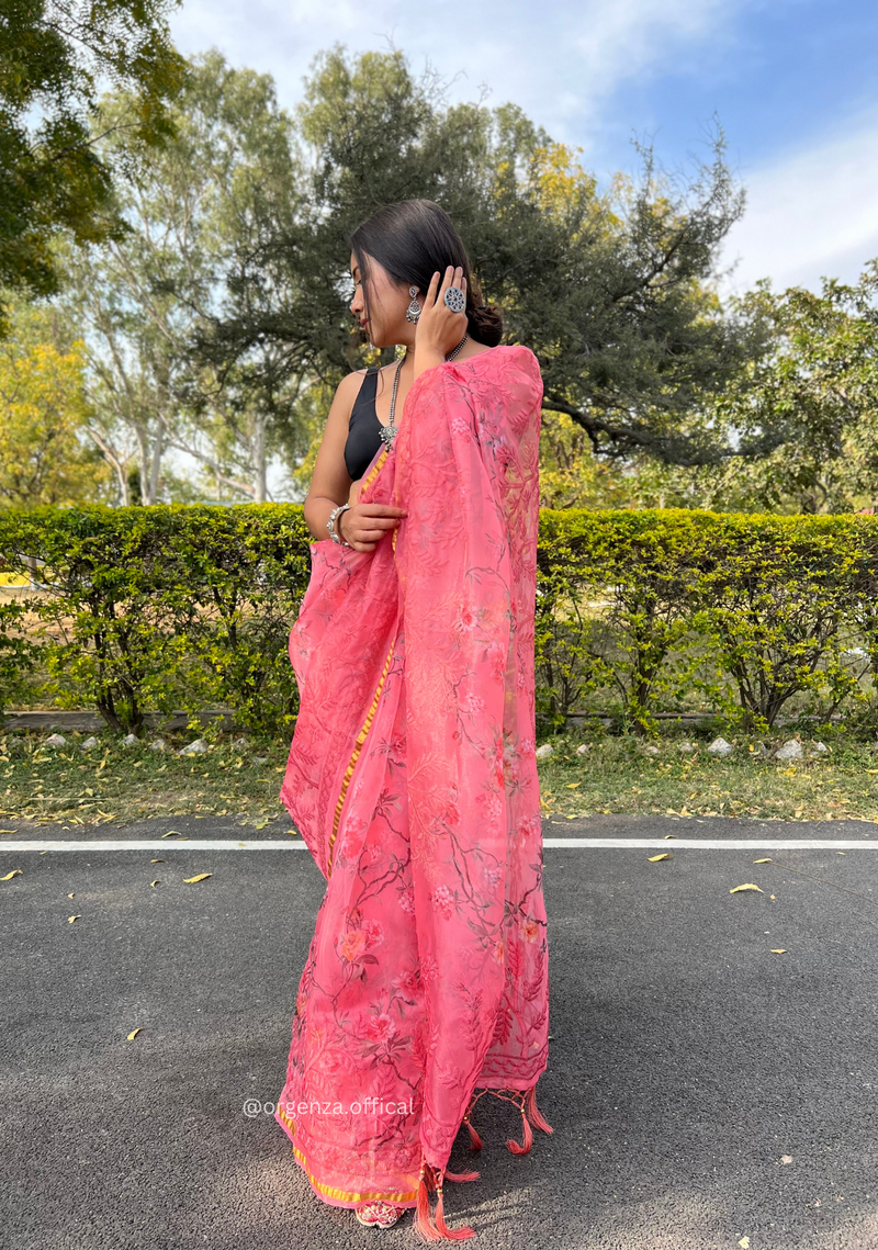 Pink Colour Organza Silk Saree With Thread Work