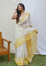 Yellow Organza Saree With Viscous Thread Work