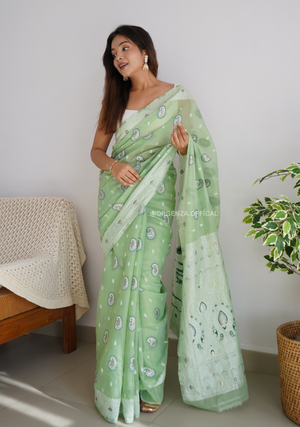 Pista Green Span Linen Silk Saree - Orgenza Store