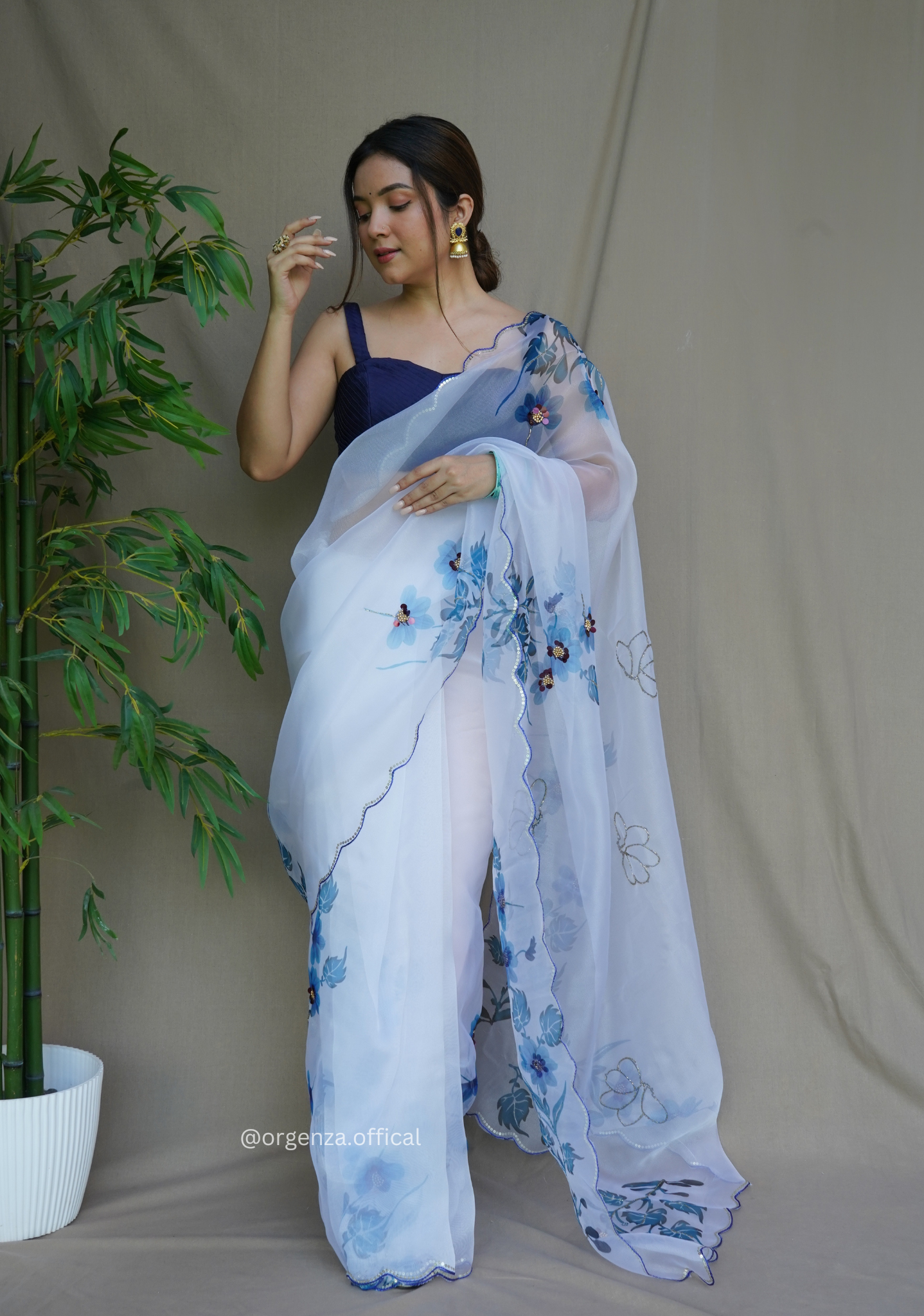 White Colour Organza Saree With Handwork