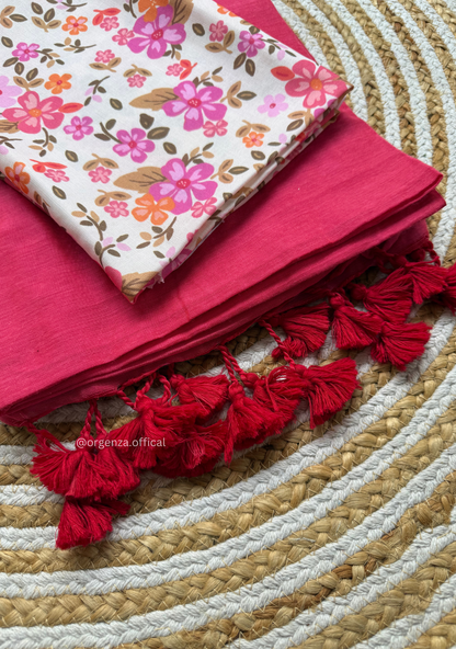 Pink Colour Cotton Saree With White Pink Flower Print Blouse