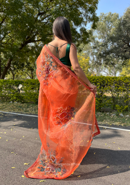 Orange Colour Organza Saree With Handwork