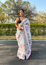 White Colour Organza Saree With Kashmiri Thread Work