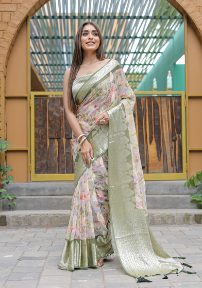 Green Georgette Saree With Viscose Border - Orgenza Store