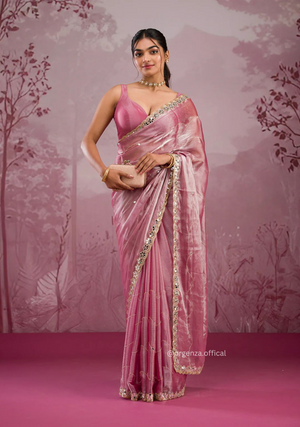 Baby Pink Colour Jimmy Choo Saree With Mirror Work - Orgenza Store