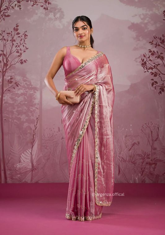 Baby Pink Colour Jimmy Choo Saree With Mirror Work
