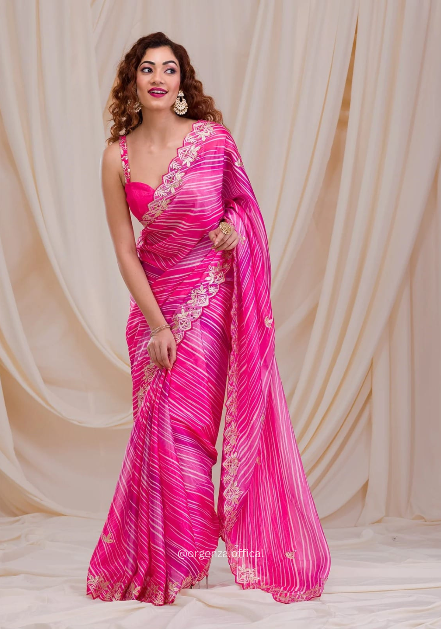 Pink Colour Chinnon Digital Print Saree