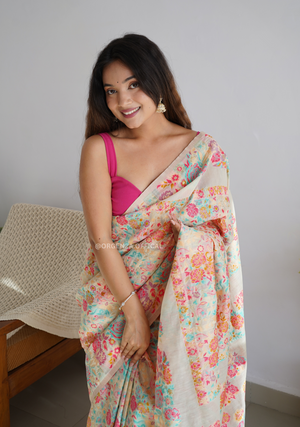 Pure Pashmina Kanchi Weaving Kashmiri Silk Saree - Orgenza Store