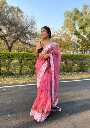 Pink Color Organza Saree With Chikankari Work - Orgenza Store