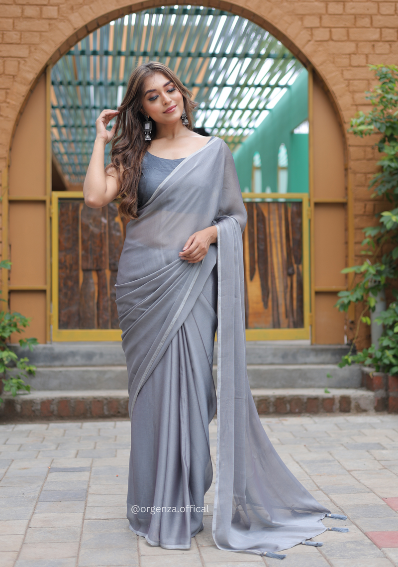 Plain Grey Colour Lining Sitara Georgette Saree