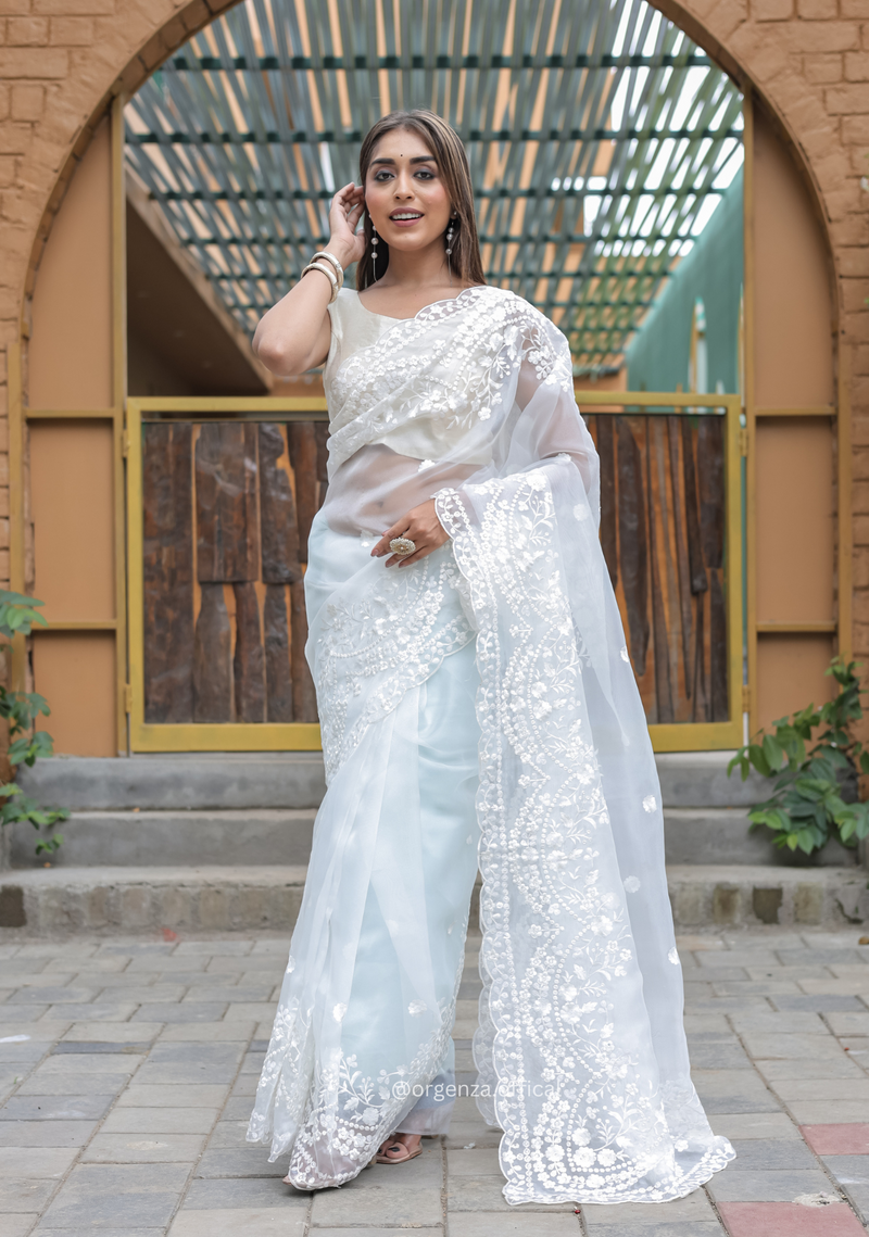 White Soft Organza Saree With Sequence Work