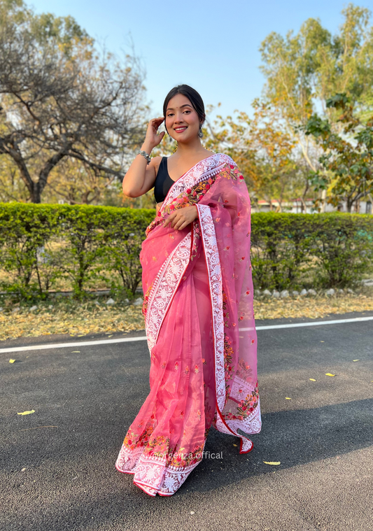 Pink Color Organza Saree With Chikankari Work - Orgenza Store