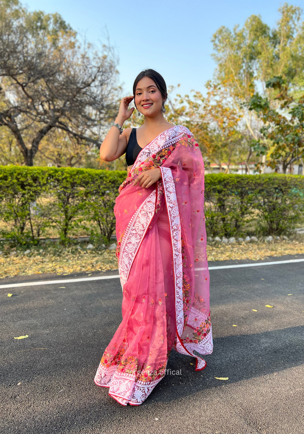 Pink Color Organza Saree With Chikankari Work