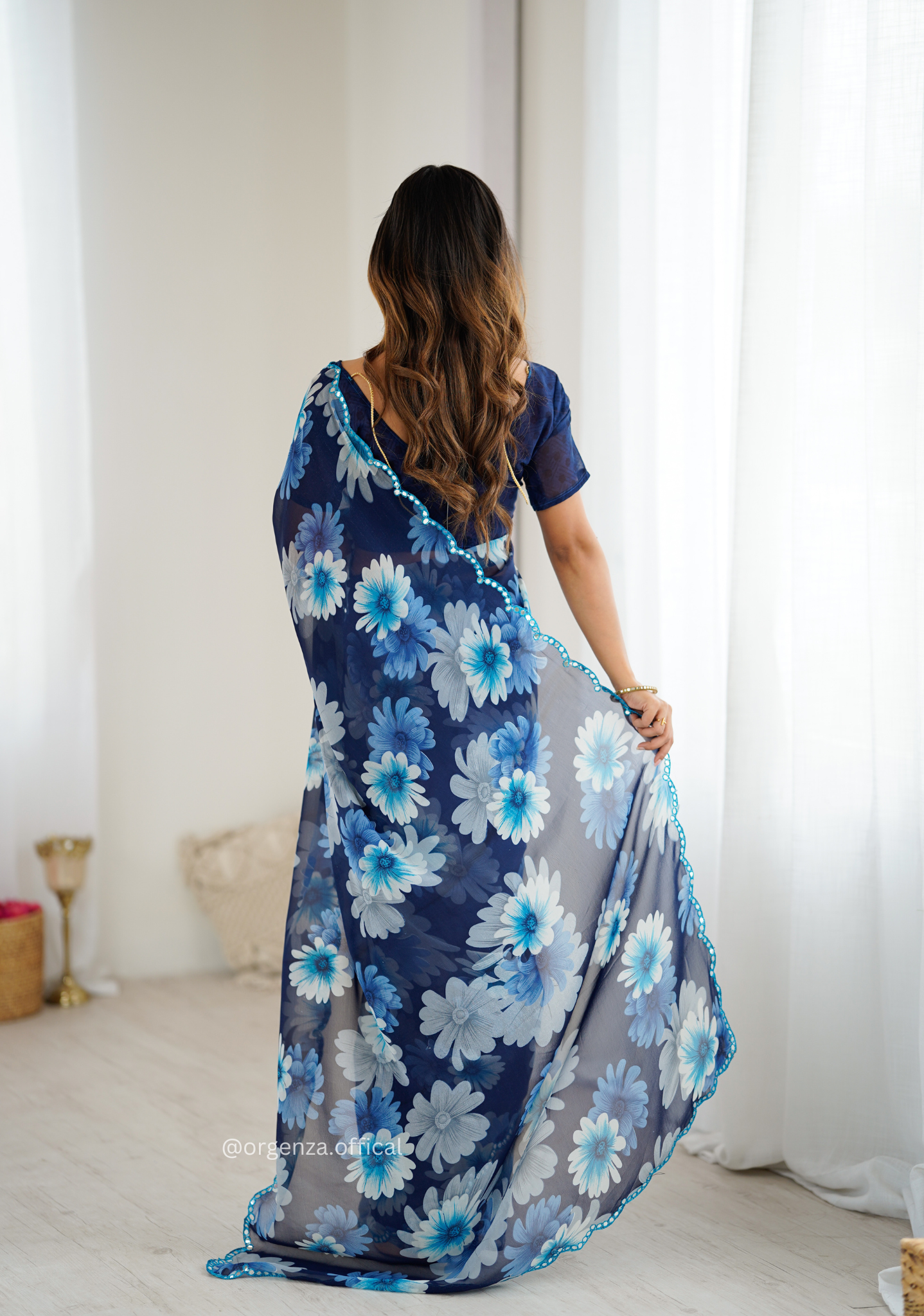 Blue Colour Georgette Printed Mirror Saree