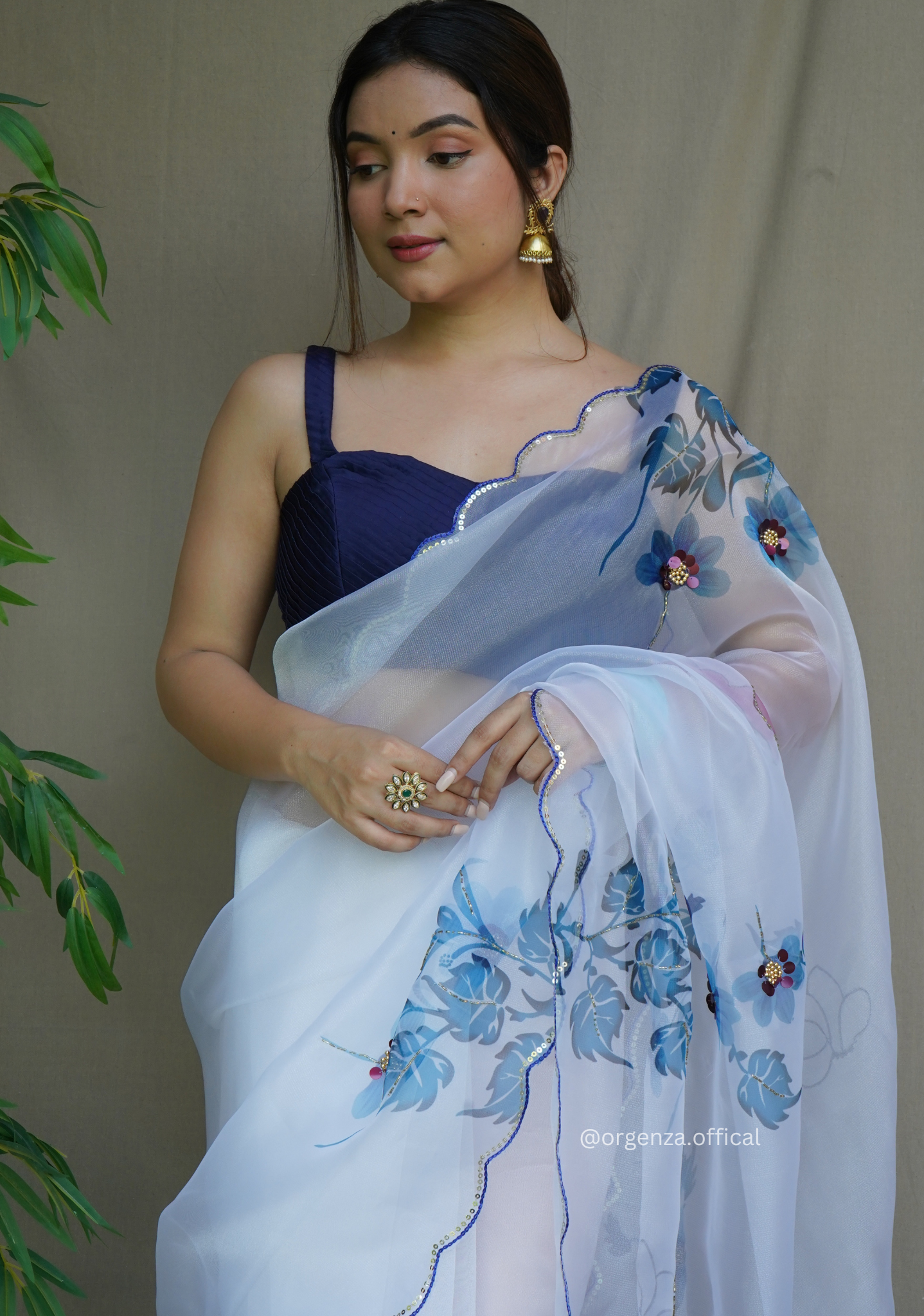 White Colour Organza Saree With Handwork