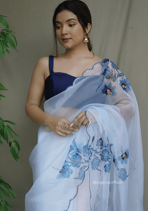 White Colour Organza Saree With Handwork - Orgenza Store - digisoch