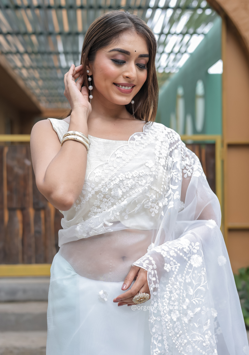 White Soft Organza Saree With Sequence Work