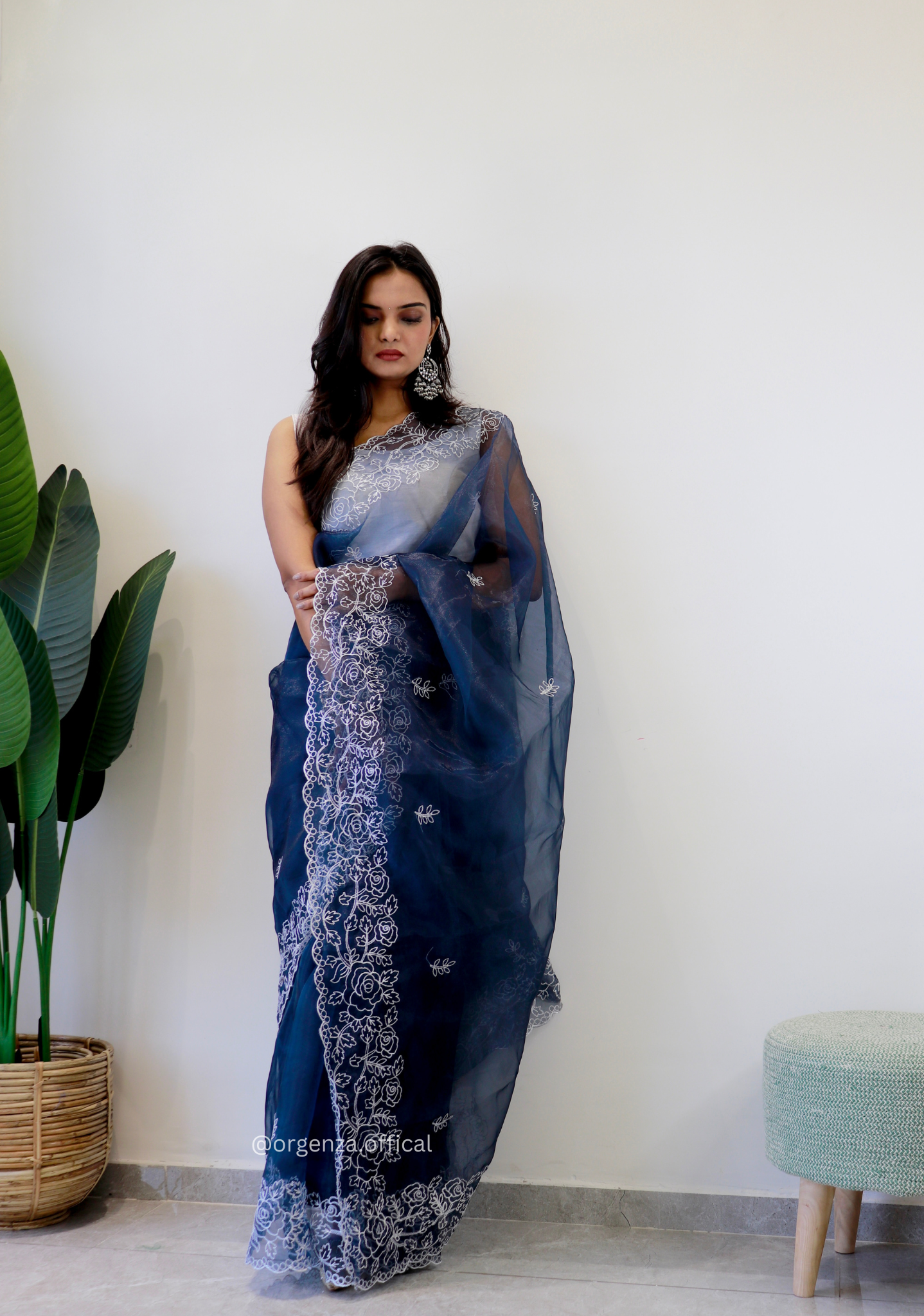 Dark Blue Colour Embroidery Thread Work Saree - Orgenza Store