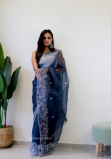 Dark Blue Colour Embroidery Thread Work Saree