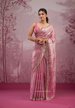 Baby Pink Colour Jimmy Choo Saree With Mirror Work - Orgenza Store