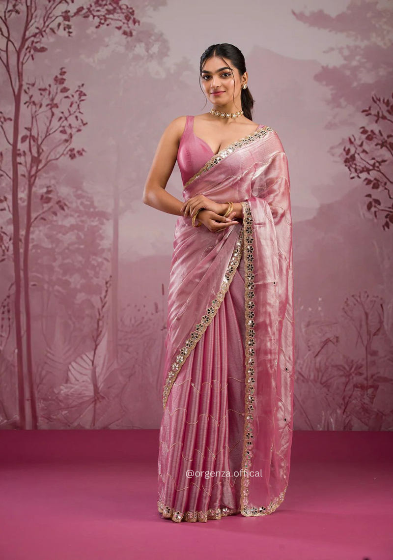 Baby Pink Colour Jimmy Choo Saree With Mirror Work