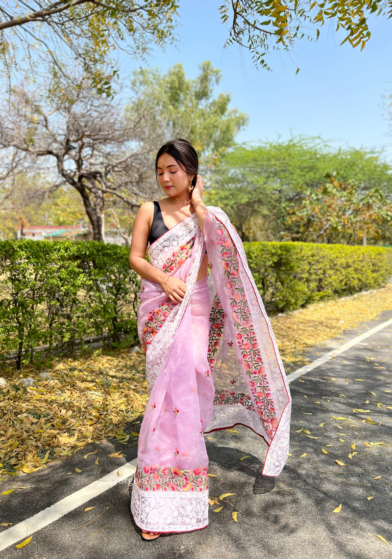 Light Lavender Organza Saree With Chikankari Work