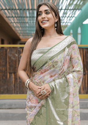 Green Georgette Saree With Viscose Border - Orgenza Store