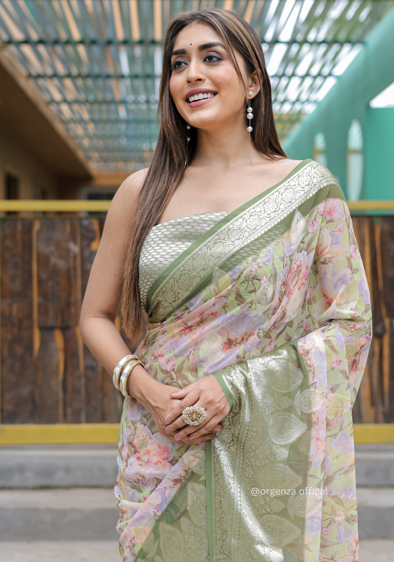 Green Georgette Saree With Viscose Border