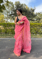 Pink Colour Organza Silk Saree With Thread Work