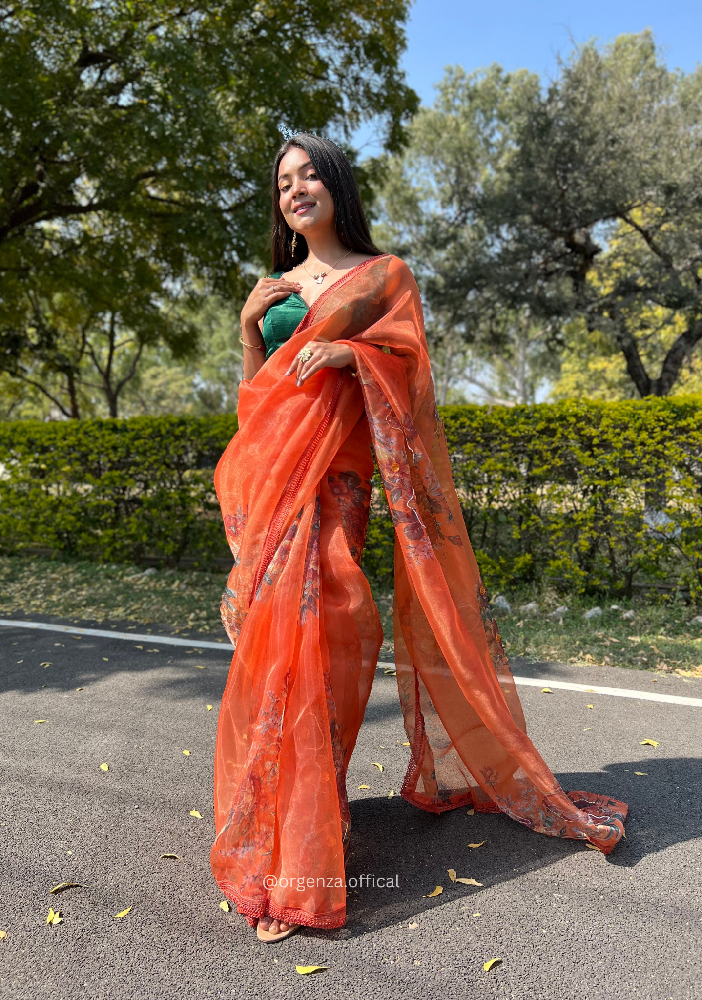 Orange Colour Organza Saree With Handwork