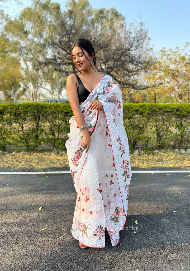 White Colour Organza Saree With Kashmiri Thread Work