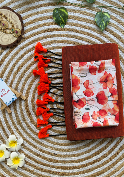 Orange Colour Cotton Saree With Tulip Print Blouse