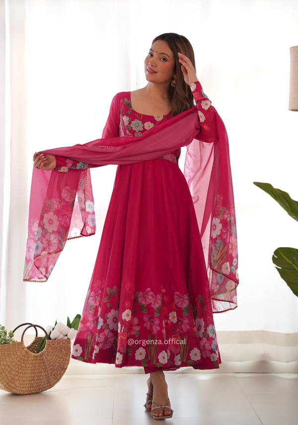 Floral Organza Anarkali With Dupatta And Pant