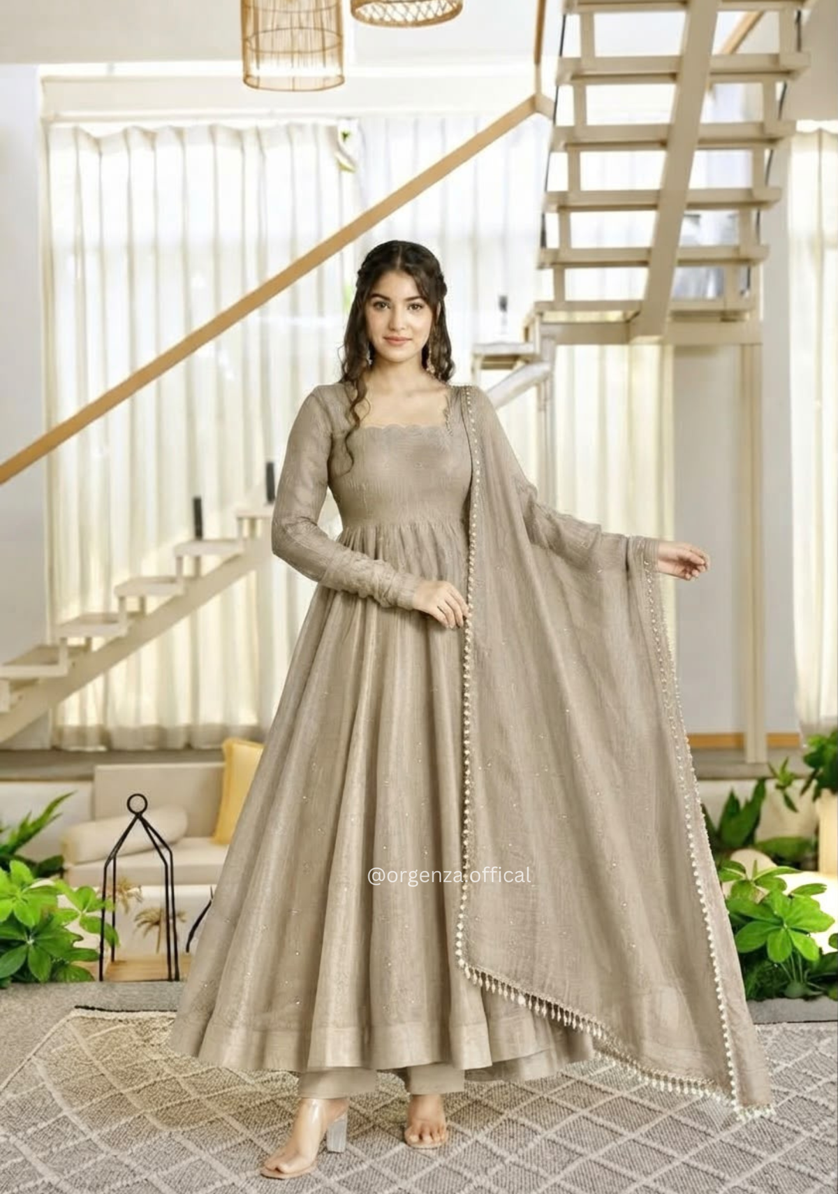 Beige Salsa Silk Foil Work Gown Pant Dupatta Set