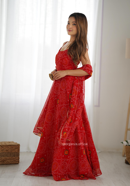 Soft Chiffon Bandhej 8-Meter Flare Gown Set – Fully Stitched