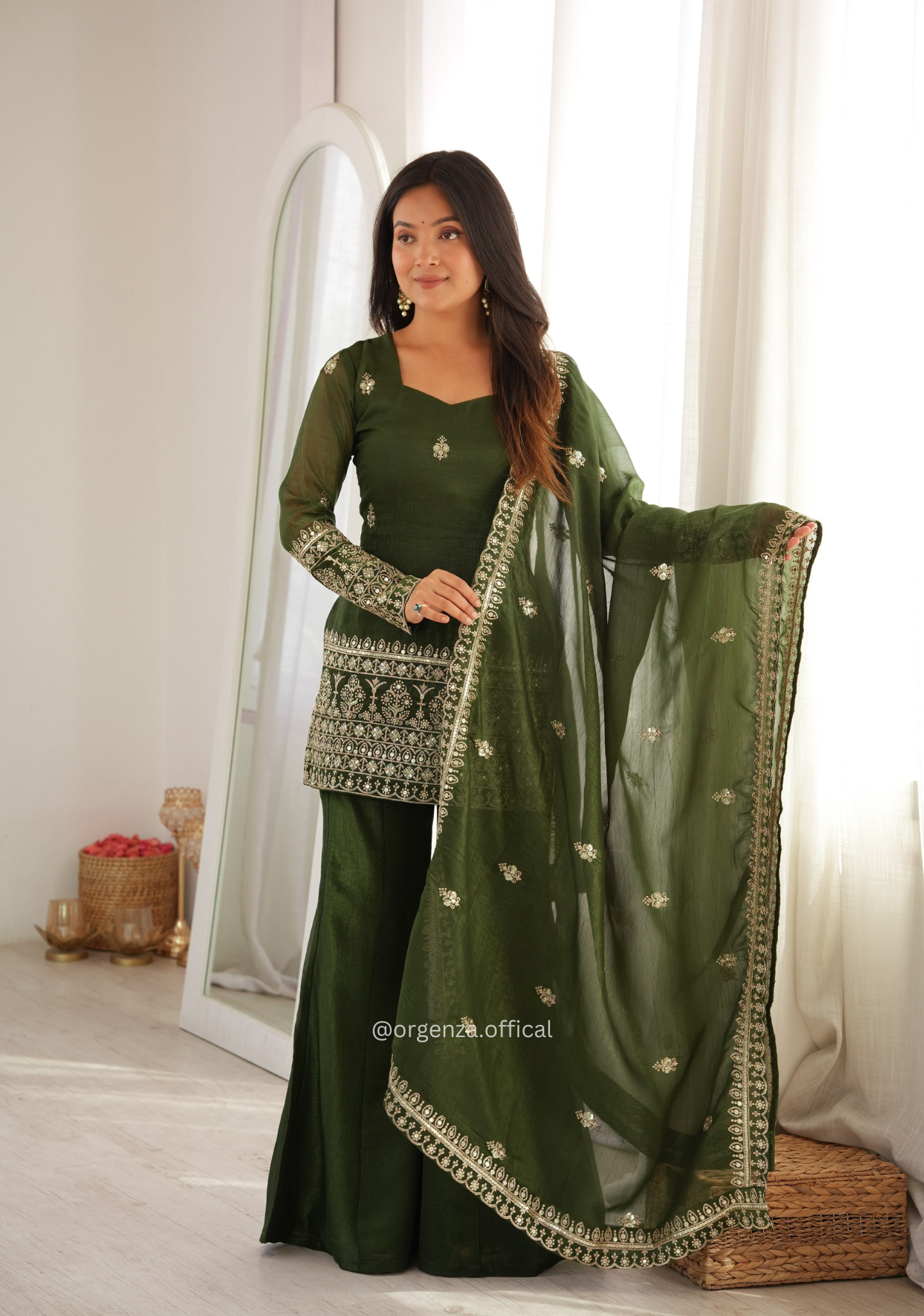 Crunchy Silk Embroidered Suit Set with Bell Bottom & Dupatta