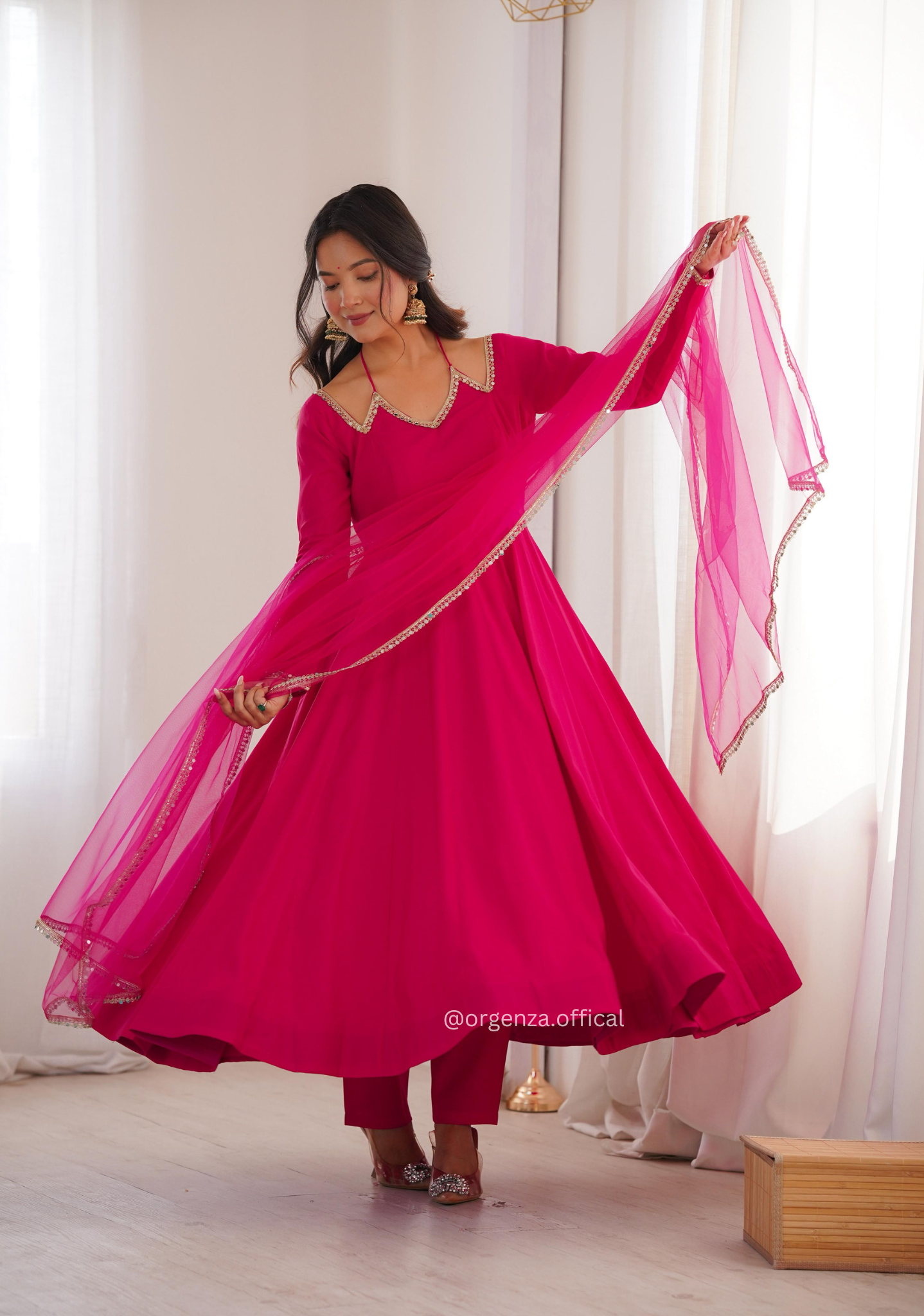 Pure Roman Silk Chanderi Fully Flared Anarkali Suit Set with Dupatta & Pant