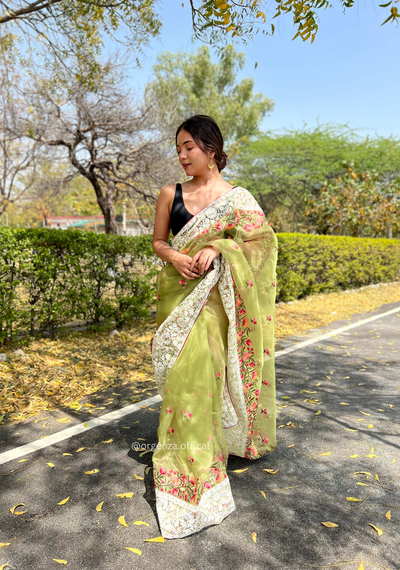 Green Organza Saree With Chikankari Work