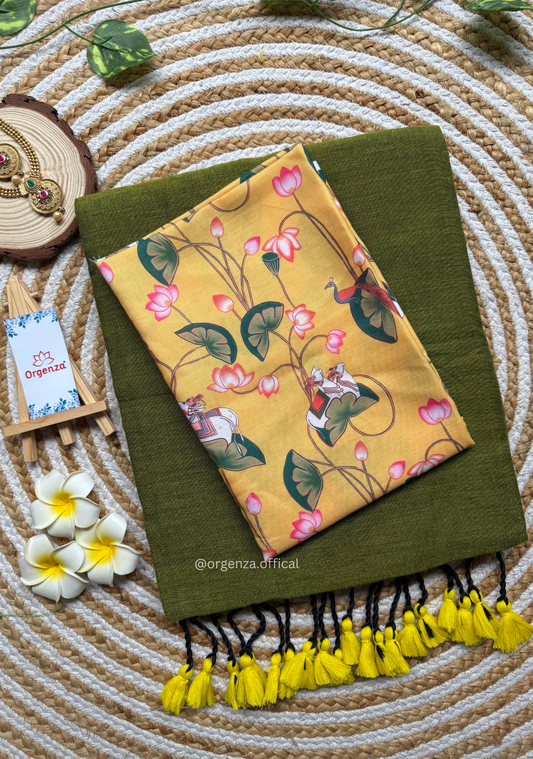 Mehendi Green Cotton Saree With Yellow Print Blouse
