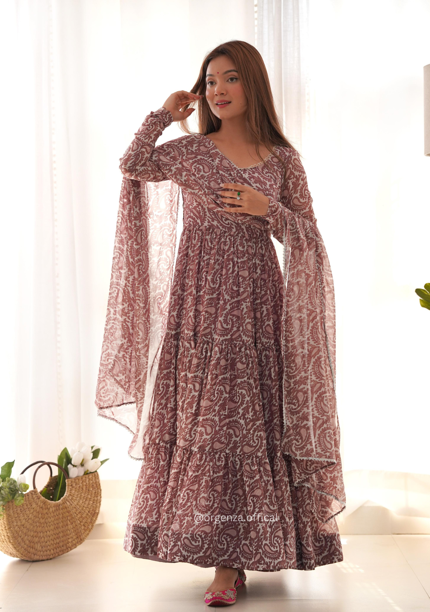 Pure Soft Fox Georgette Kalamkari Print Ruffle Anarkali - Orgenza Store