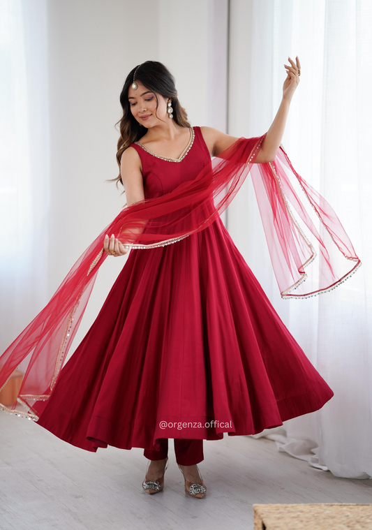 Maroon Colour Roman Silk Chanderi Plain Anarkali Kurti