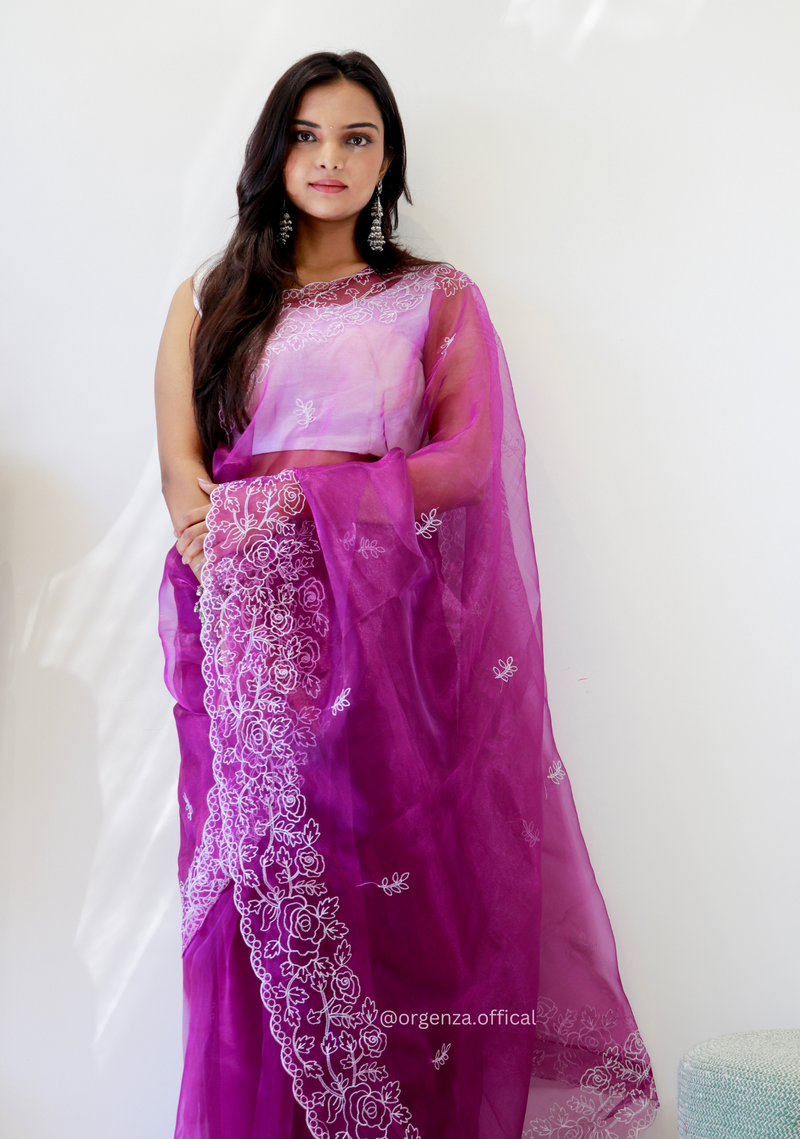 Lavender Colour Embroidery Thread Work Saree