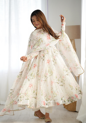 Pure Organza Cream Colour Silk Print Kurti - Orgenza Store